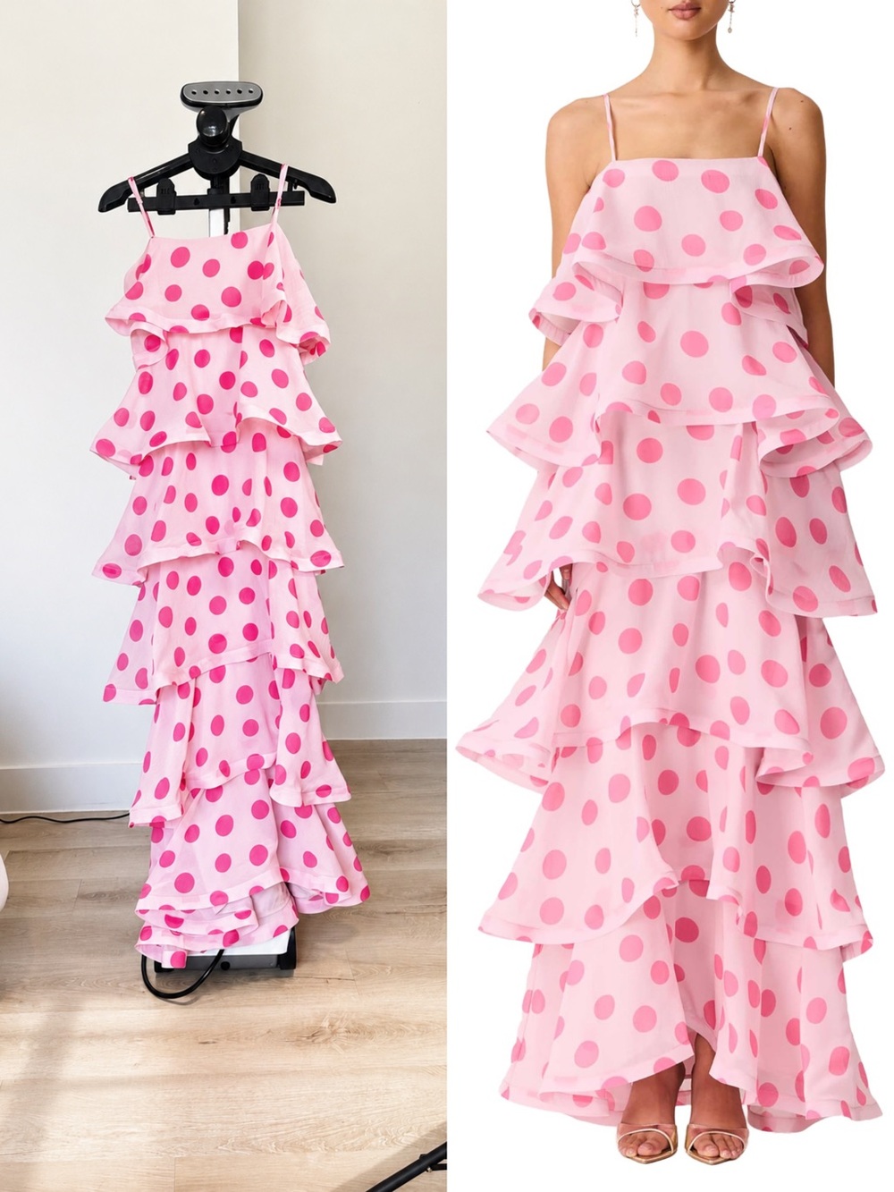 ELLIATT Sola Pink Polka Dot Tiered Maxi Dress Small